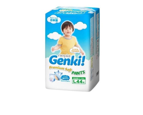 542942 "Nepia Genki Premium Soft" Детские подгузники-трусики  (для мальчиков и девочек) 9-14 кг (Размер L44), 1/3