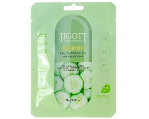 280146 "Jigott" Cucumber Real Ampoule Mask Ампульная тканевая маска с экстрактом огурца 27 мл 1/600