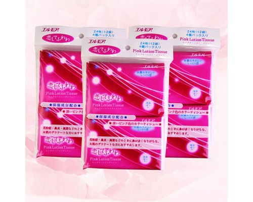 011236 "Kami Shodji" "ELLEMOI" "Pink Lotion Tissues" Бумажные розовые двухслойные салфетки (платочки) с коэнзимом Q10, 12 шт. 4 пачки/упак, 1/50