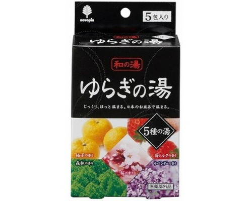 Kokubo Соль для принятия ванны "Bath Salt Novopin Yuragi noYu" с ароматами леса, сакуры, юдзу, лаванды, клубничного молока (по 1 пакетику каждого аромата) 5 шт * 25 г