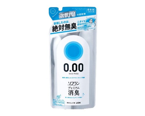 LION Кондиционер для белья "SOFLAN" (блокирующий восприятие посторонних запахов "Premium Deodorizer Ultra Zero-0.00" - аромат чистоты с нотой кристального мыла) 400 мл, мягкая упаковка