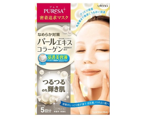 Utena Косметическая маска "Puresa" для лица экстрактом жемчуга и коллагеном (увлажняющая и придающая сияние коже) 5 шт. в упаковке